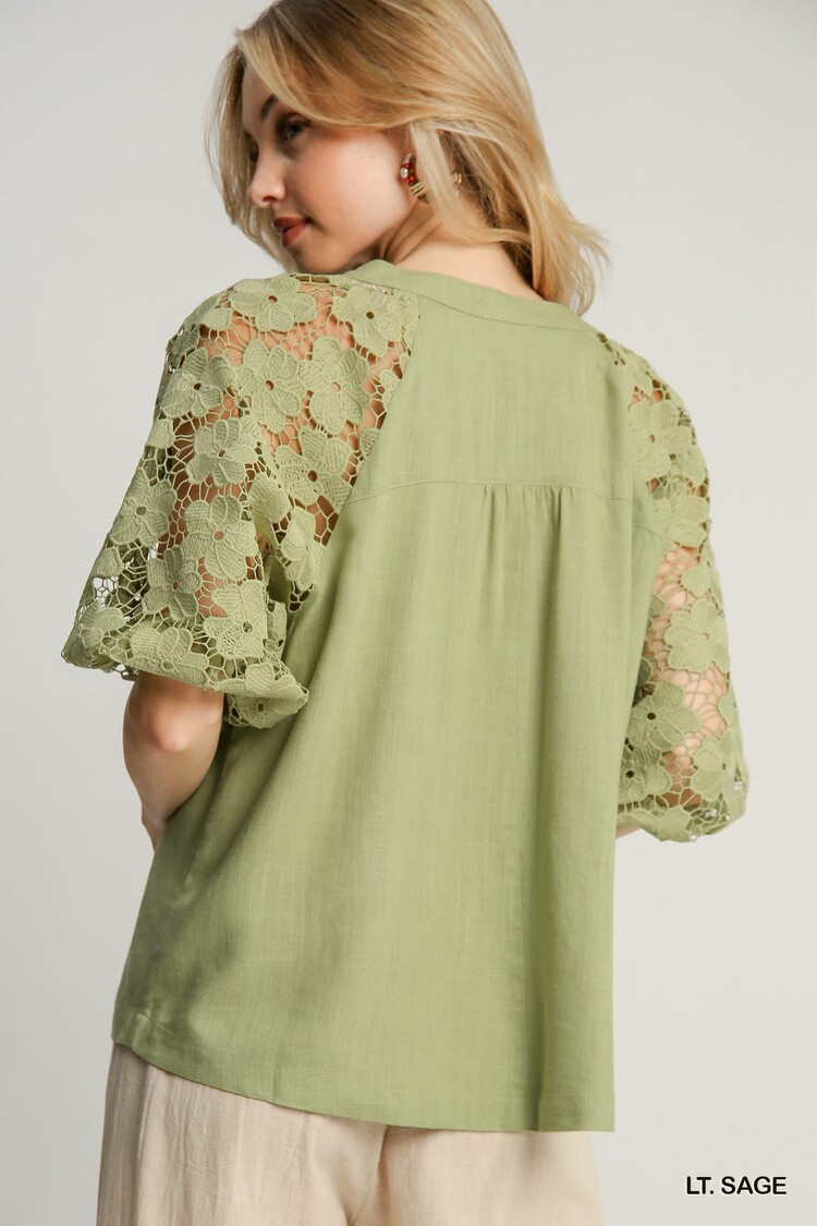 Umgee Linen Boxy Cut Split Neck Top with Floral Lace Sleeves