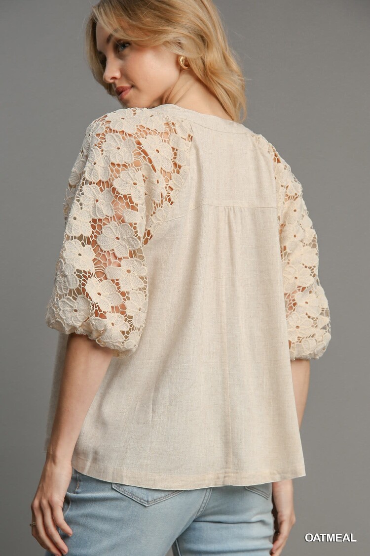 Umgee Linen Boxy Cut Split Neck Top with Floral Lace Sleeves