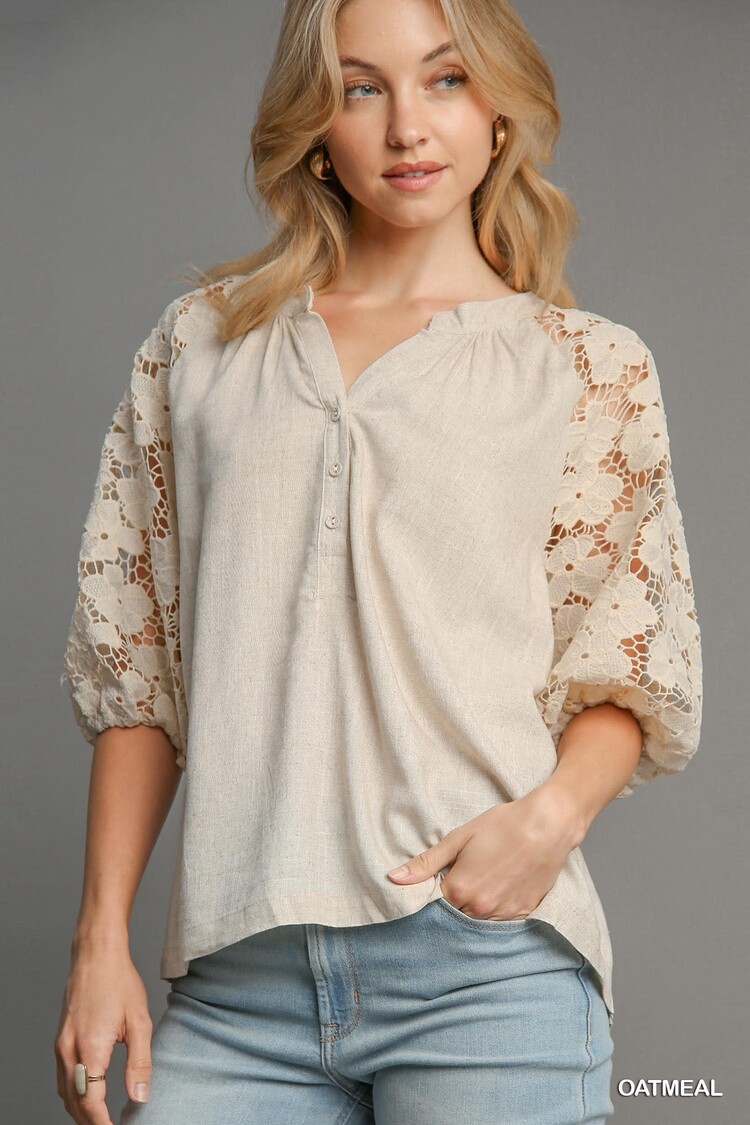 Umgee Linen Boxy Cut Split Neck Top with Floral Lace Sleeves