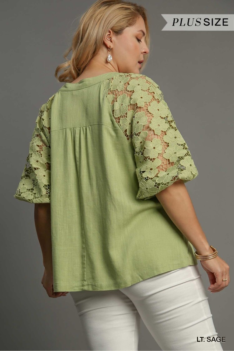 Umgee Linen Boxy Cut Split Neck Top with Floral Lace Sleeves