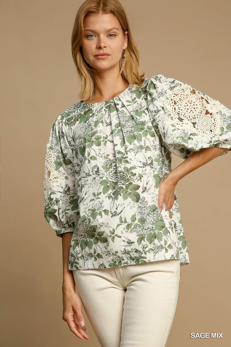Umgee Floral Print Round Neck Top