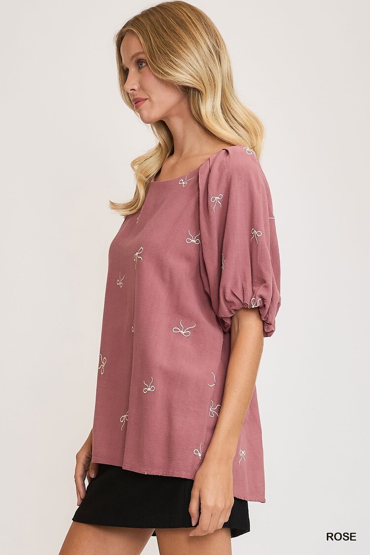 Umgee Linen Blend Ribbon Embroidered Top