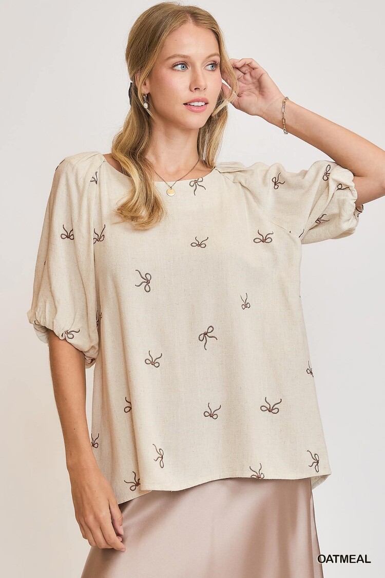 Umgee Linen Blend Ribbon Embroidered Top