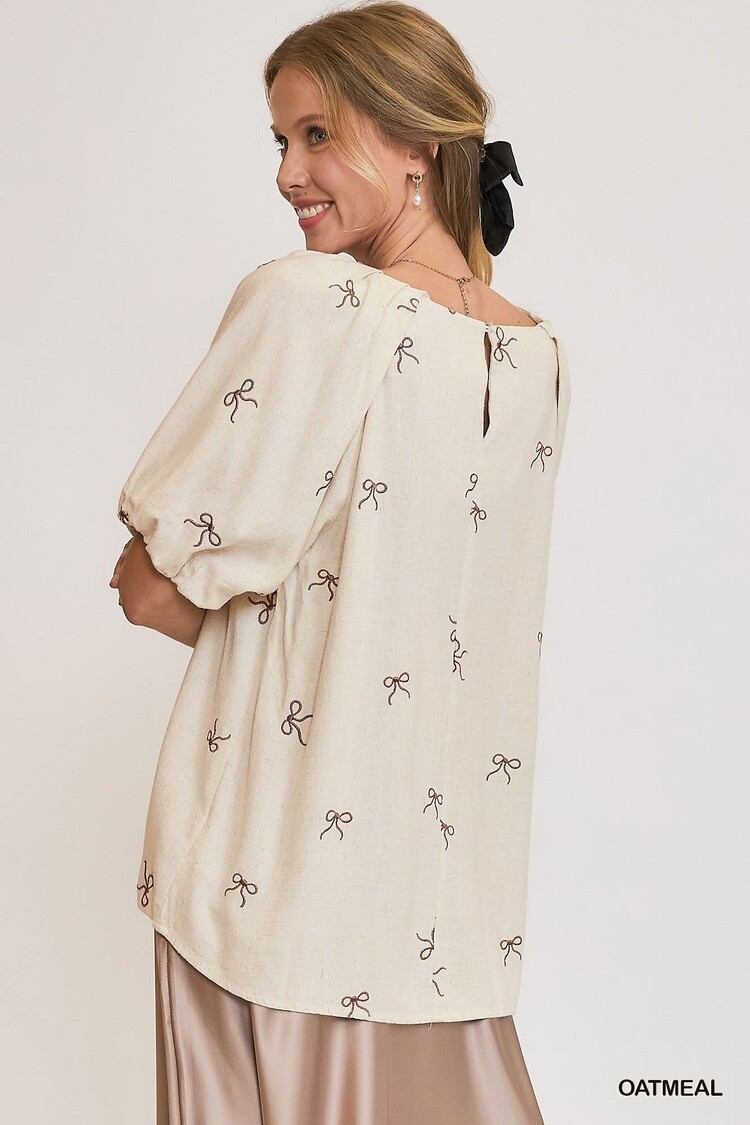 Umgee Linen Blend Ribbon Embroidered Top