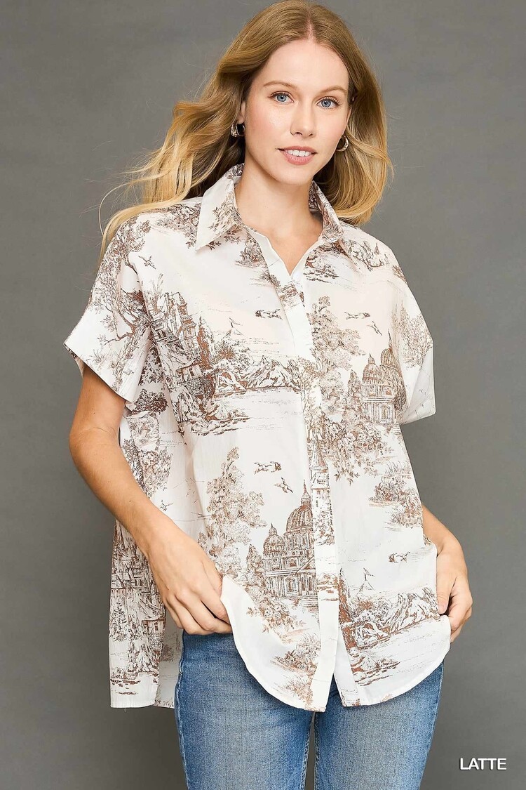 Umgee Two Tone Toile Print High Low Top