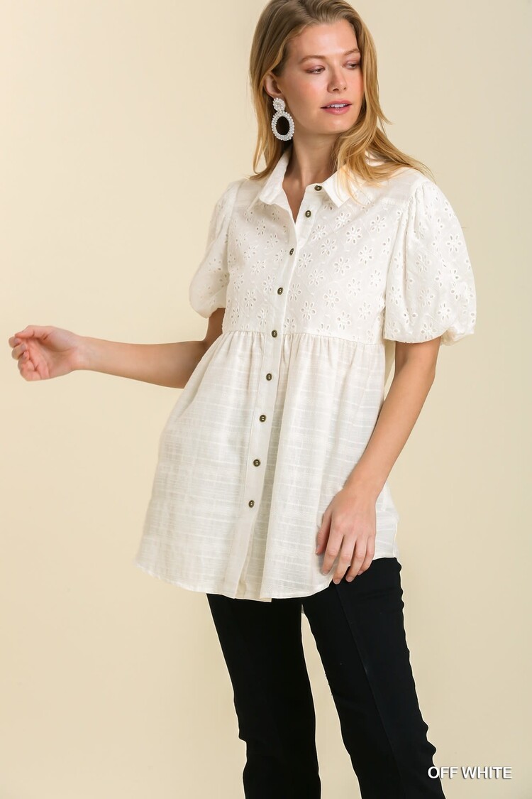 Umgee Eyelet Puff Sleeve Collared Button Up Tunic