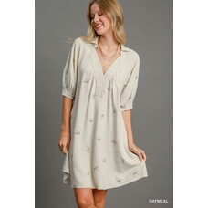 Umgee Linen Blend Embroidered Henley Dress
