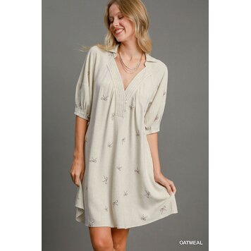 Umgee Linen Blend Embroidered Henley Dress