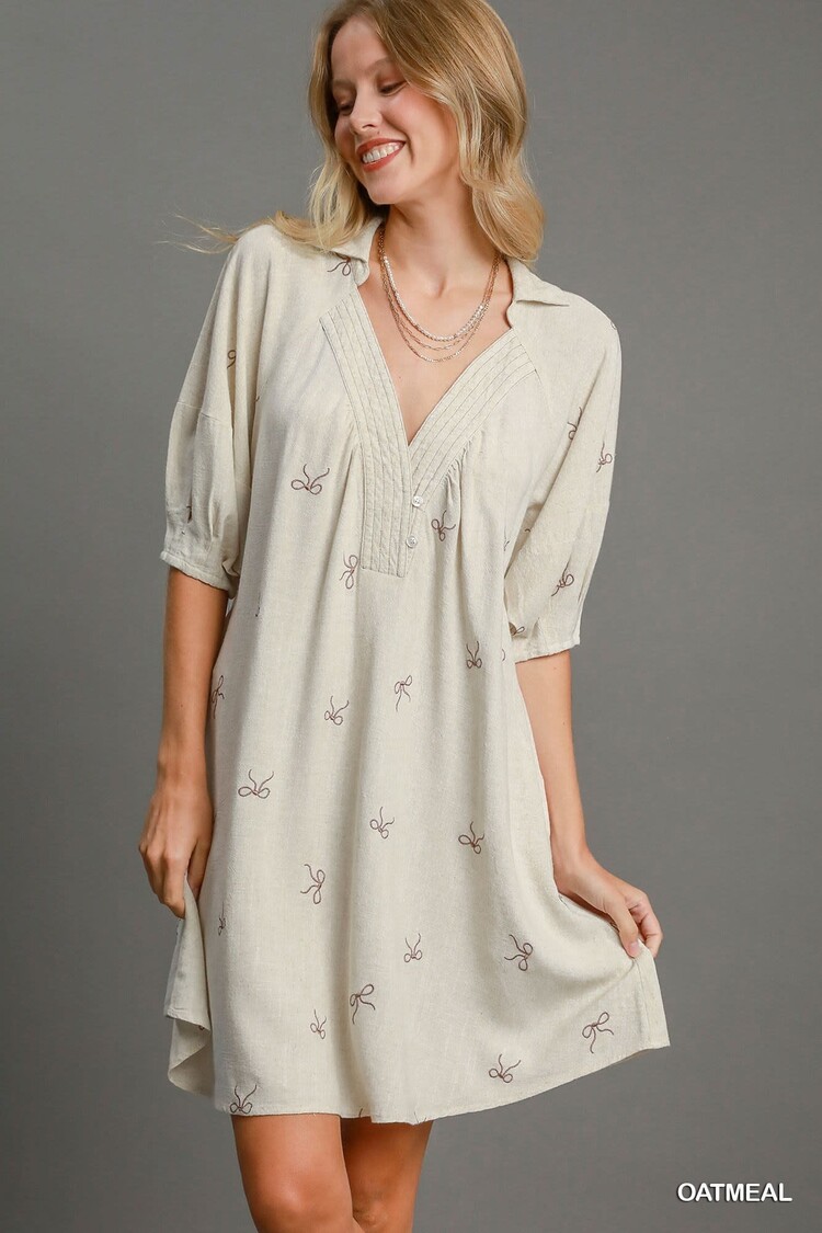 Umgee Linen Blend Embroidered Henley Dress