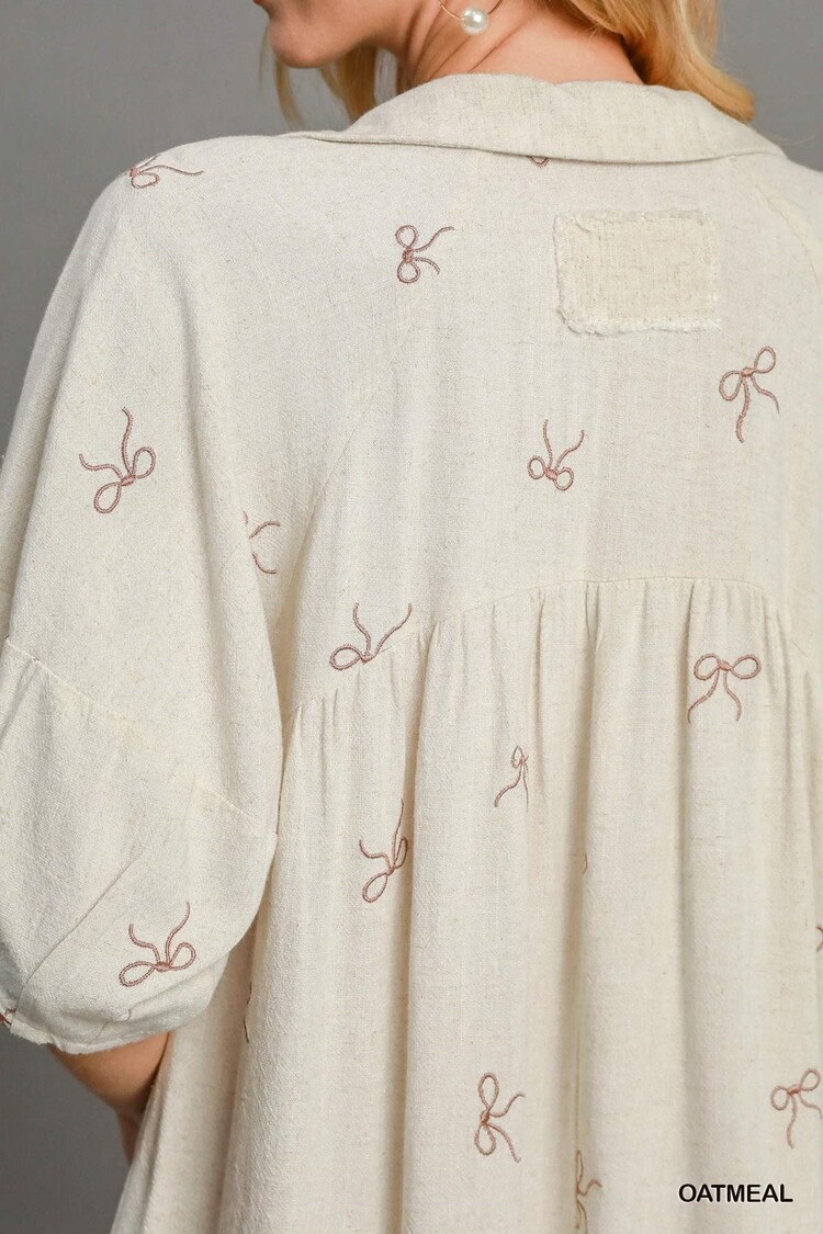 Umgee Linen Blend Embroidered Henley Dress