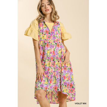 Umgee Floral Print Sleeveless Collared Split Neck Tiered Midi Dress