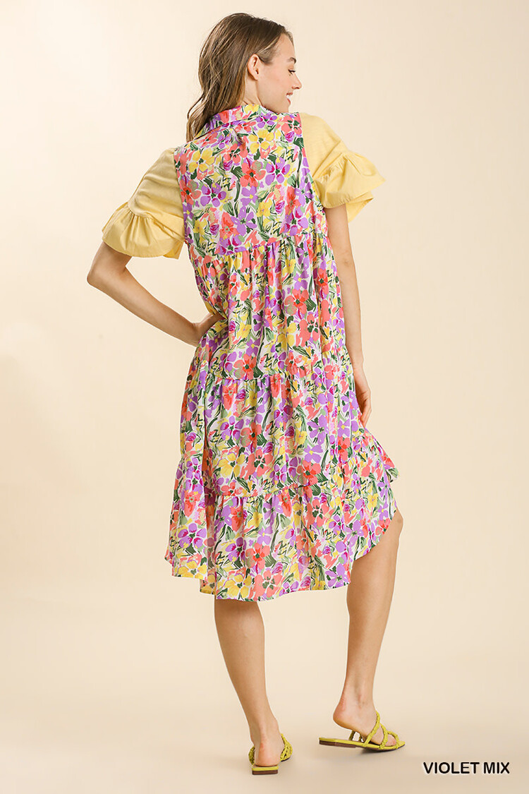 Umgee Floral Print Sleeveless Collared Split Neck Tiered Midi Dress