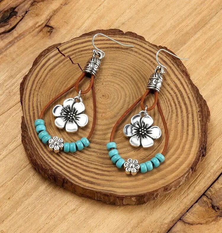 Retro Bohemian Teardrop Shape with Flower Dangle Earrings