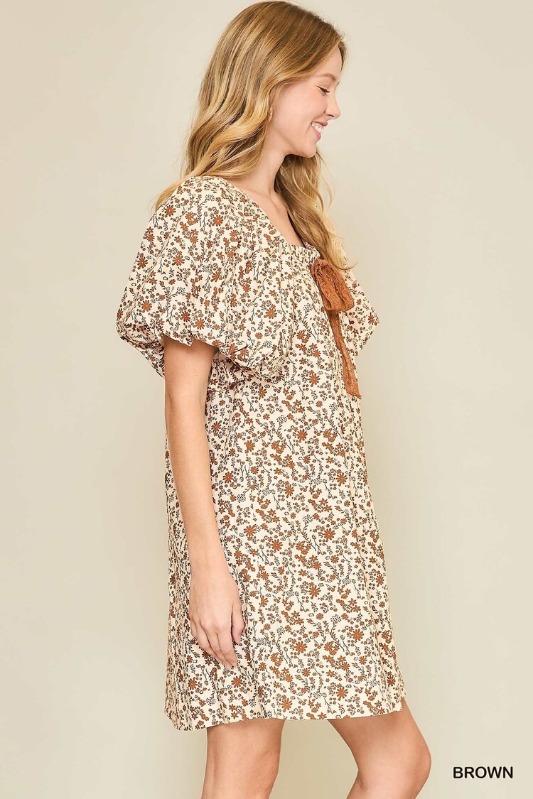 Umgee Brown Floral Print Round Neck Dress