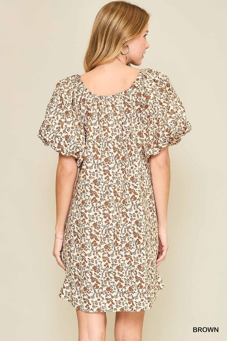 Umgee Brown Floral Print Round Neck Dress