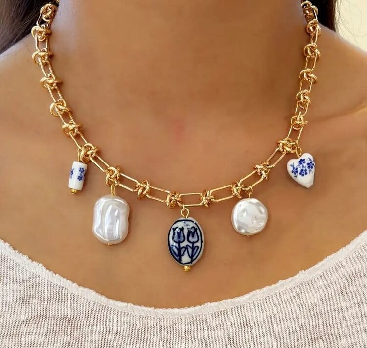 Ceramic Tulip & Heart Pendant Necklace