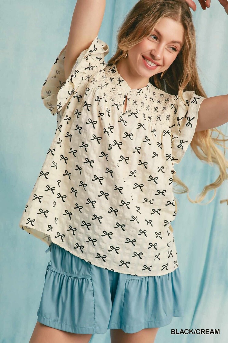 Smocked Ribbon Ruffle Sleeve Top
