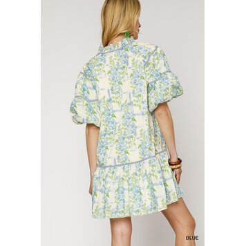 Umgee Blue Floral Puffy Sleeves Mini Dress
