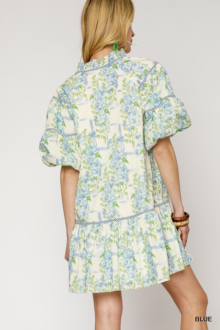 Umgee Blue Floral Puffy Sleeves Mini Dress