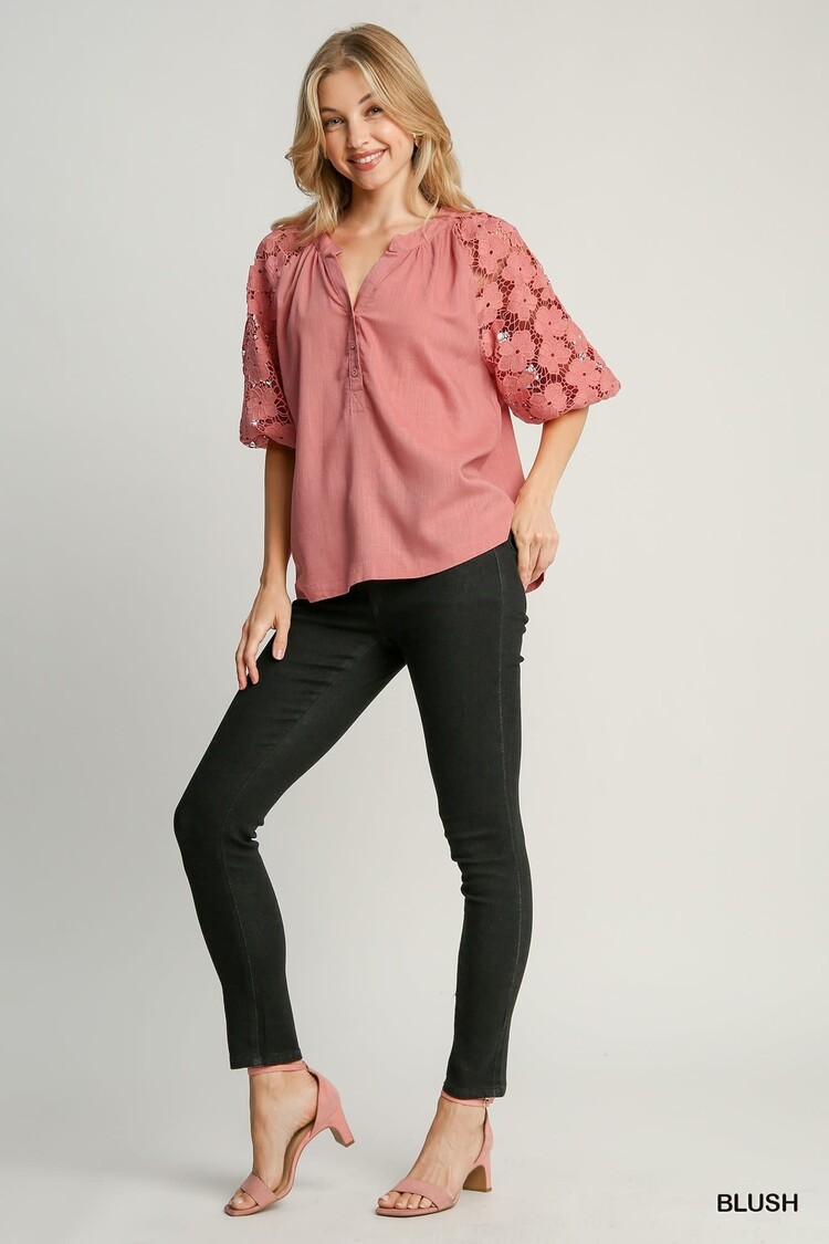Umgee Linen Boxy Cut Split Neck Top with Floral Lace Sleeves