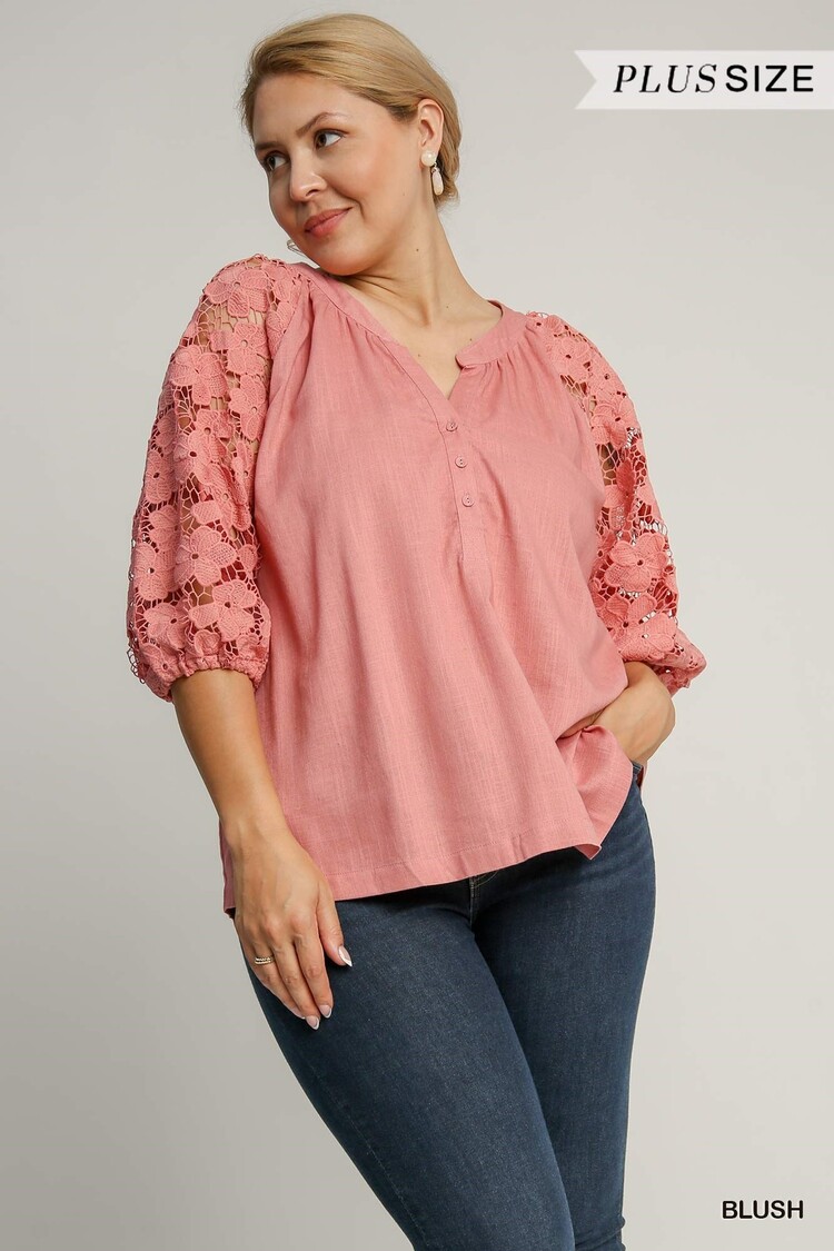 Umgee Linen Boxy Cut Split Neck Top with Floral Lace Sleeves