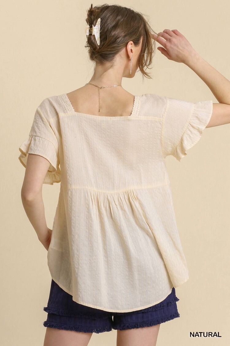 Umgee Deep V-Neck Crochet Detail Top