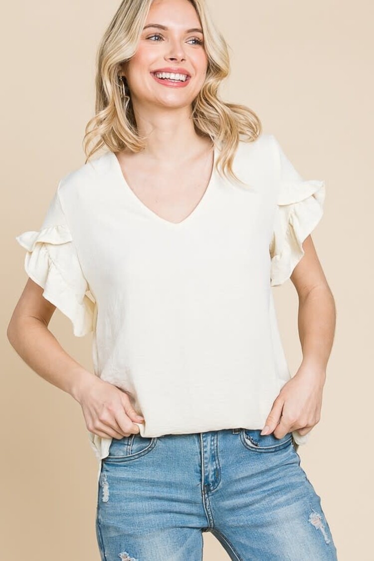 CC V Neck Ruffle Top New Ivory M