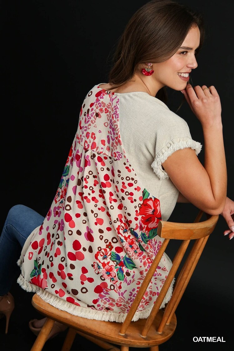 Umgee Linen Blend Short Sleeve Floral Animal Mixed Print Back Top