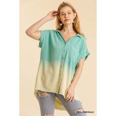 Umgee Bleach Dip Dye Collared Button Down Shirt with Short Folded Sleeve and Frayed Hem