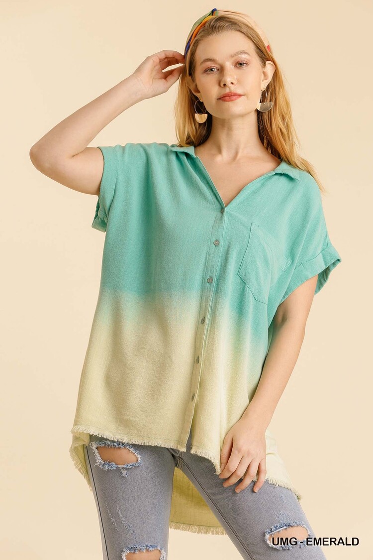 Umgee Bleach Dip Dye Collared Button Down Shirt with Short Folded Sleeve and Frayed Hem