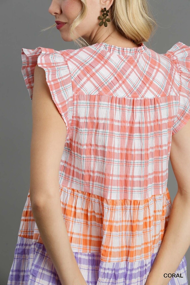 Umgee Tiered Plaid Flutter Sleeve Mini Dress