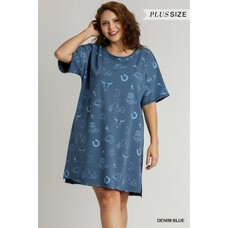 Umgee Short Sleeve Round Neck French Terry Graphic Dress