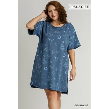 Umgee Short Sleeve Round Neck French Terry Graphic Dress