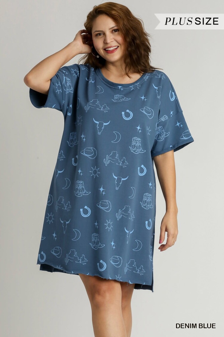 Umgee Short Sleeve Round Neck French Terry Graphic Dress