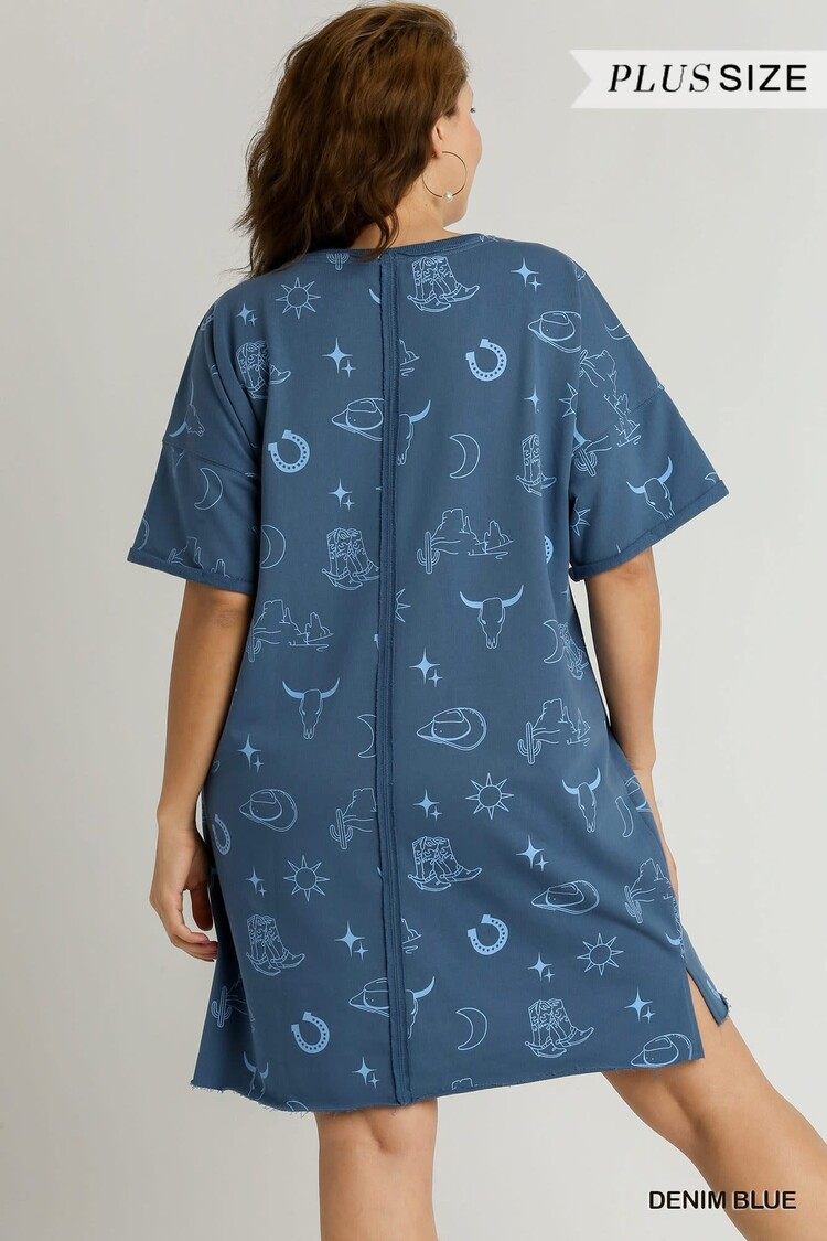 Umgee Short Sleeve Round Neck French Terry Graphic Dress