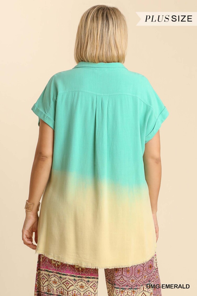 Umgee Bleach Dip Dye Collared Button Down Shirt with Short Folded Sleeve and Frayed Hem