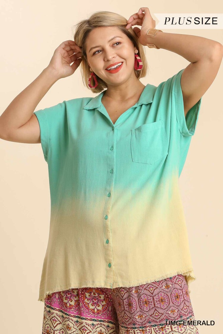 Umgee Bleach Dip Dye Collared Button Down Shirt with Short Folded Sleeve and Frayed Hem