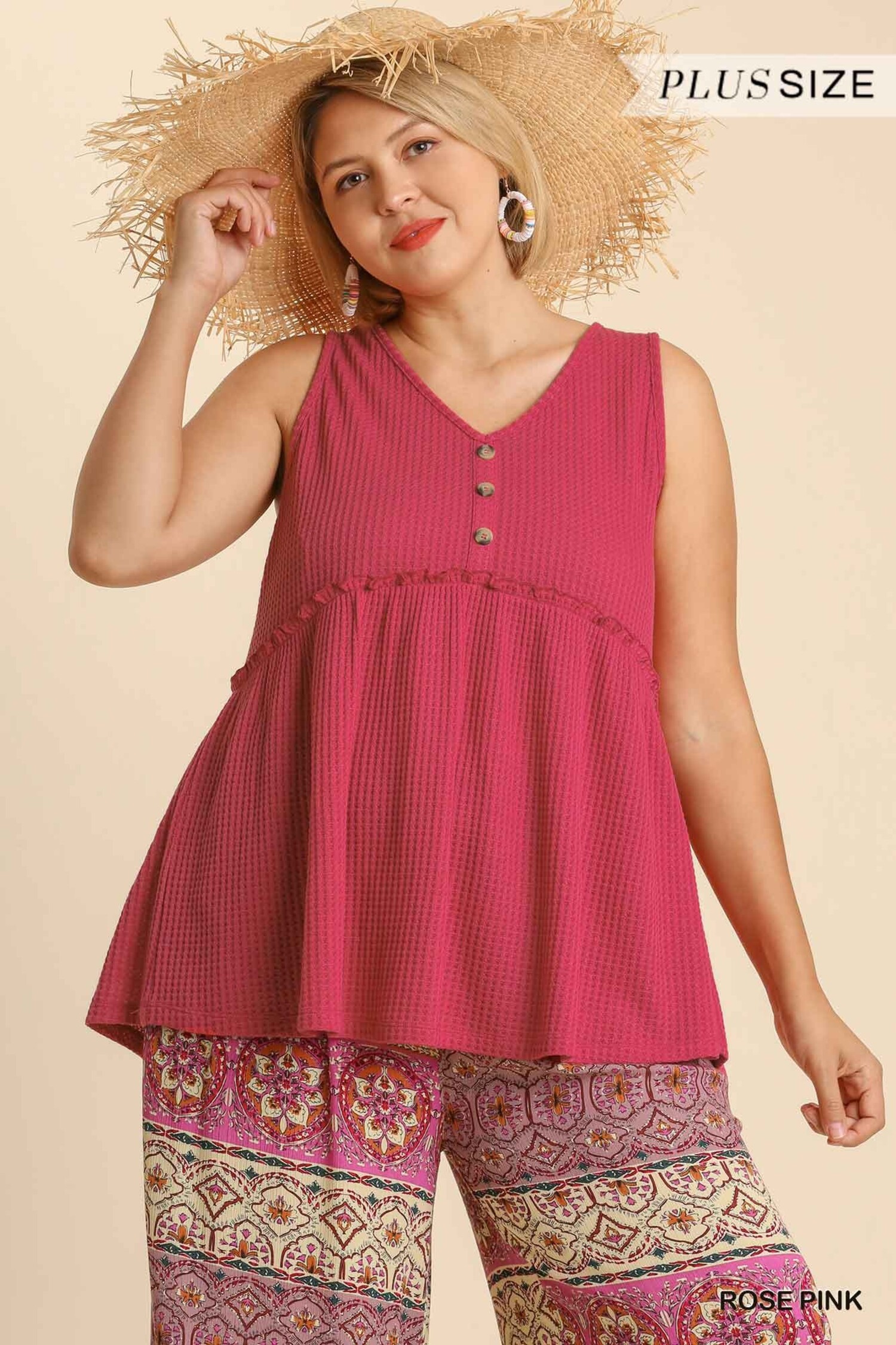 Umgee Button Front V-Neck Sleeveless Waffle Knit Top with Ruffled Detail