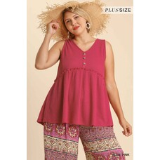 Umgee Button Front V-Neck Sleeveless Waffle Knit Top with Ruffled Detail