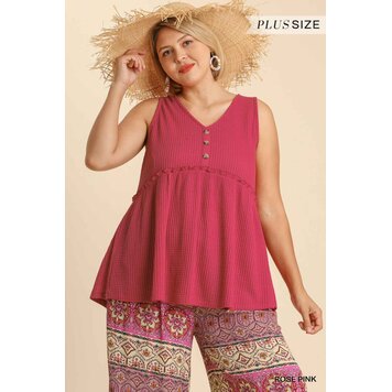 Umgee Button Front V-Neck Sleeveless Waffle Knit Top with Ruffled Detail
