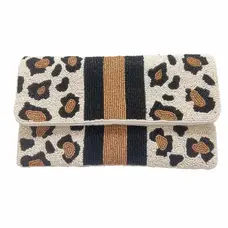 Pizzazz Black & Gold Stripe w/ Animal Print Beaded Clutch