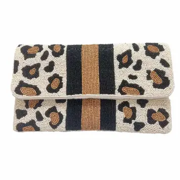 Pizzazz Black & Gold Stripe w/ Animal Print Beaded Clutch