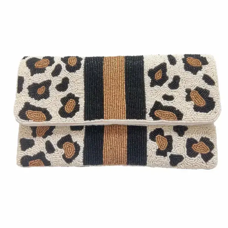 Pizzazz Black & Gold Stripe w/ Animal Print Beaded Clutch