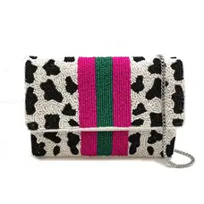 Pizzazz Cow Print Beaded Mini Clutch w/ Fuchsia & Green Stripes
