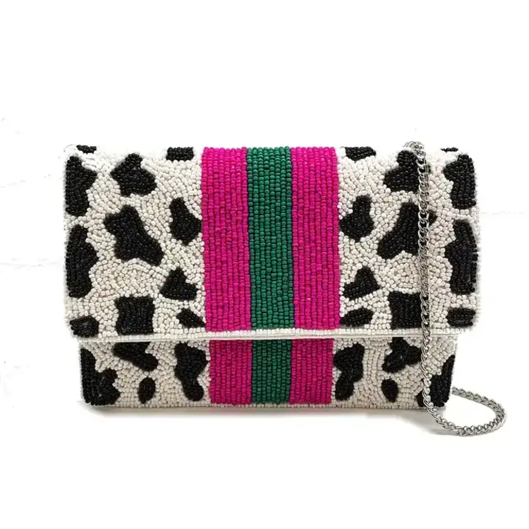 Pizzazz Cow Print Beaded Mini Clutch w/ Fuchsia & Green Stripes