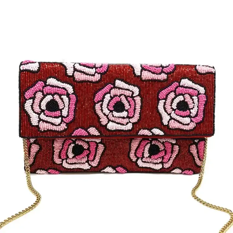 Pizzazz Red Beaded Clutch with Pink Beaded Roses