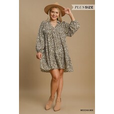 Umgee Two Tone Print Dress Mocha Mix XL