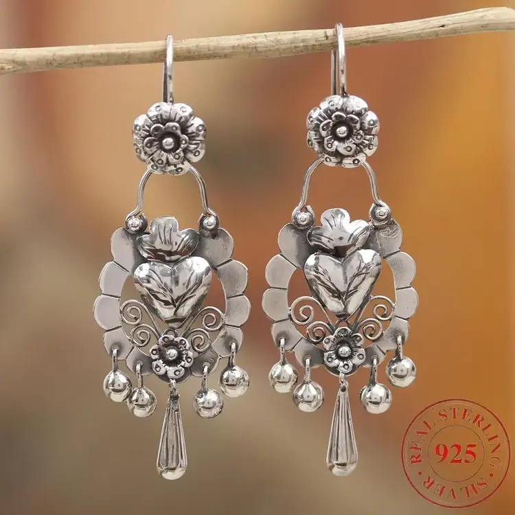 Bohemian Retro Flower Silver Earrings
