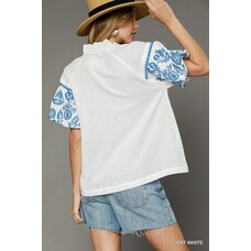Umgee Embroidered Puff Sleeve Blouse Off White L