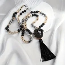Long Tassel Pendant Necklace - Black